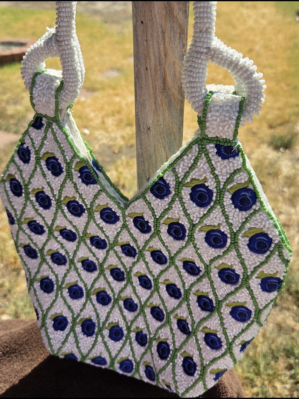White Beaded Handbag with Blueberry & Green Accents